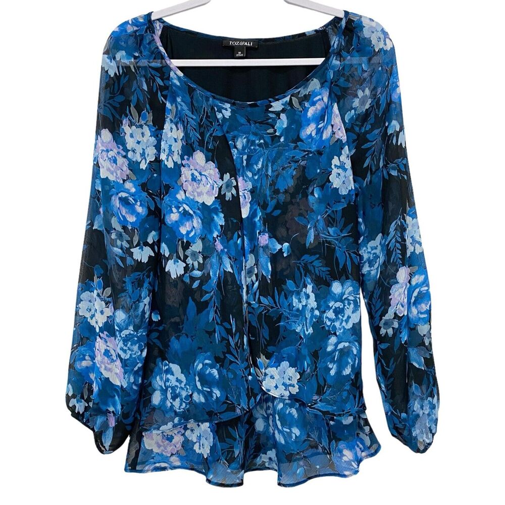 Roz & Ali medium sheer festival floral print layered blouse long sleeve‎ FLAWED